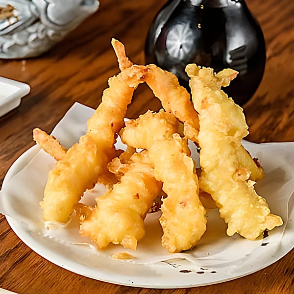 Golden-fried shrimp tempura on a white plate with a dark soy sauce bottle in the background.