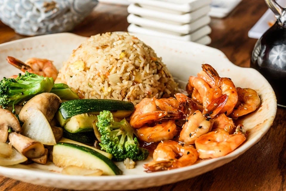 Teriyaki Chicken & Shrimp Dinner Plate •.